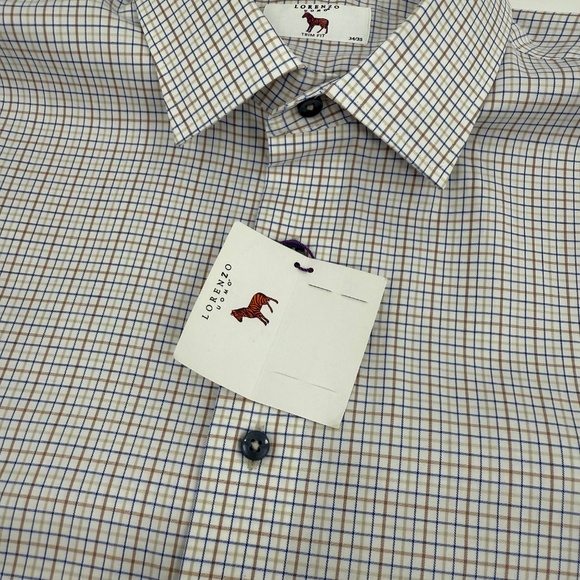 Lorenzo Uomo Dress Shirt Men 17.5 NEW White Trim Fit Check Button Up Long Sleeve - Picture 10 of 13